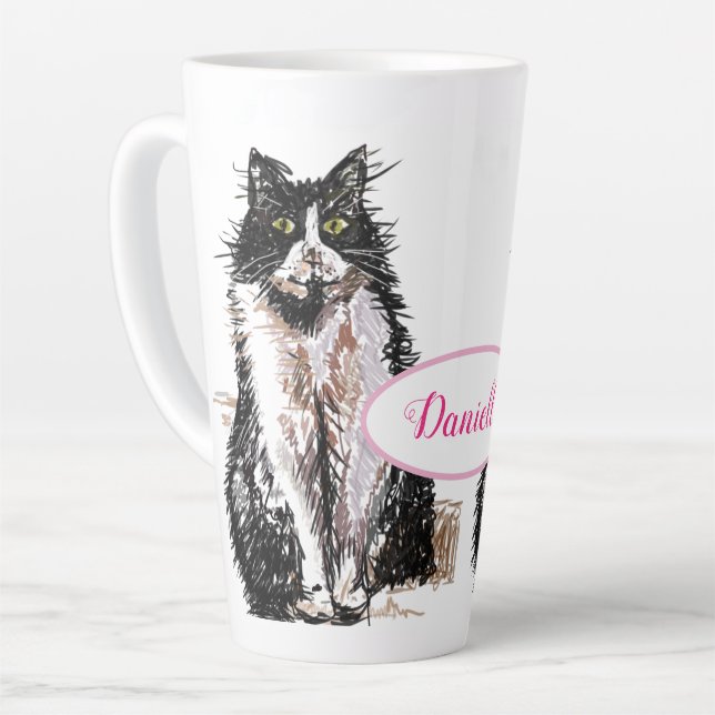 Caneca De Café Latte Gato de Tuxedo Gato Negro Desenho Branco Gatos Mug (Ângulo esquerdo)