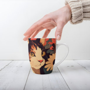 Caneca De Café Latte Gato do Calico Elegante no Jardim Floral