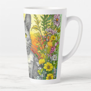 Caneca De Café Latte Gato e Flores Caprichosos Personalizados