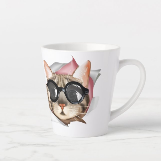 Caneca De Café Latte Gato engraçado “Meow” com design de óculos (Direita)