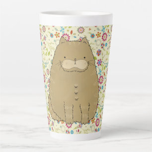 Caneca De Café Latte Gato Gordo nas Flores de Arte Folclórica de Cottag