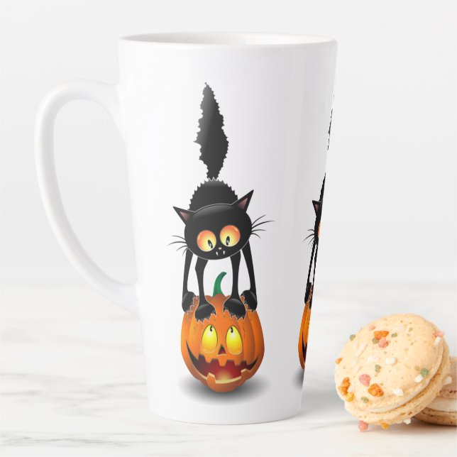 Caneca De Café Latte Gato Halloween Caricatura Assustada na Pumpkin (In Situ)