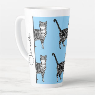 Caneca De Café Latte Gato Listrado Caprichoso Gatos Azul Claro Garotas