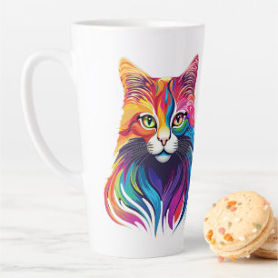 Caneca De Café Latte Gato Maine Coon Retrato Arco-Íris Cores