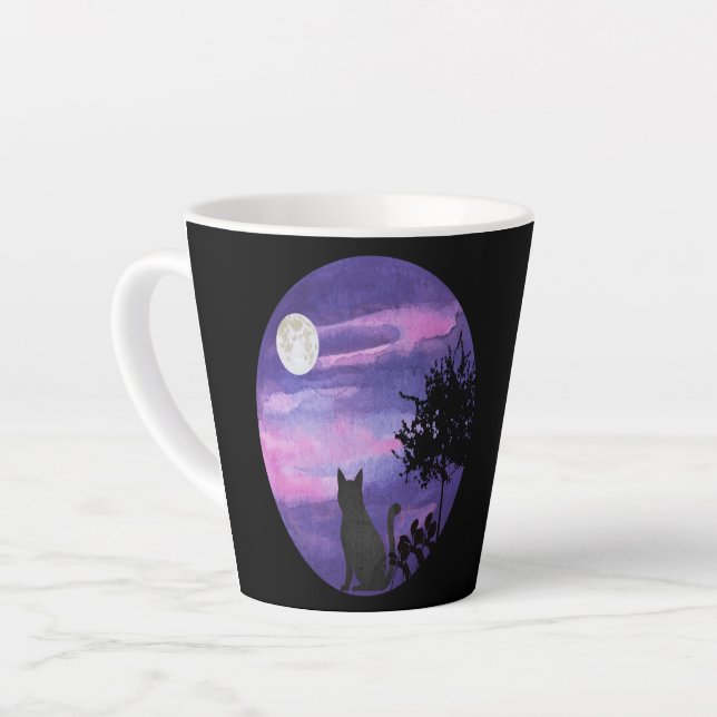 Caneca De Café Latte Gato Místico Sob a Lua – Água Noturna Roxa Sonhado (Ângulo esquerdo)