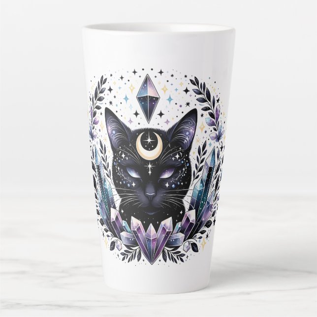 Caneca De Café Latte Gato Negro Cristal Fantasy Esoteric (Frente)