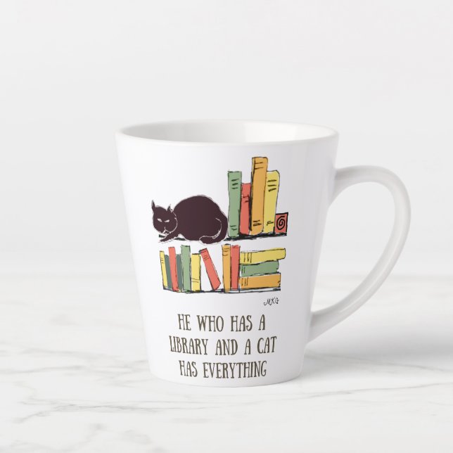 Caneca De Café Latte Gato Negro Desenho-Mão com Biblioteca com Livros (Direita)