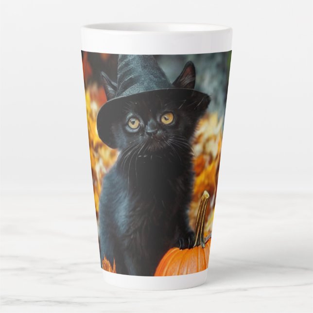 Caneca De Café Latte Gato Negro e Abóbora do Halloween (Frente)