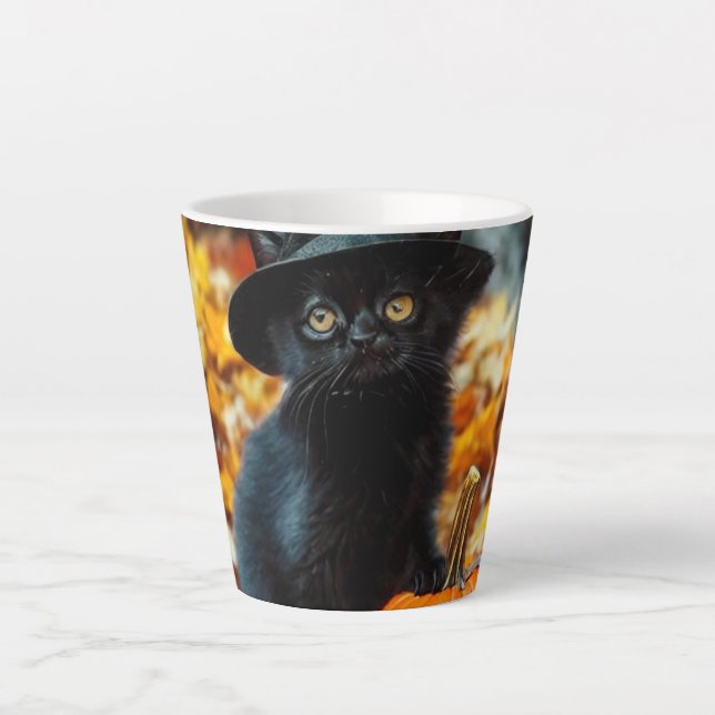 Caneca De Café Latte Gato Negro e Abóbora do Halloween (Frente)