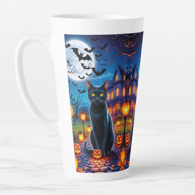 Caneca De Café Latte Gato Negro na Paisagem Halloween Encantada (Esquerda)