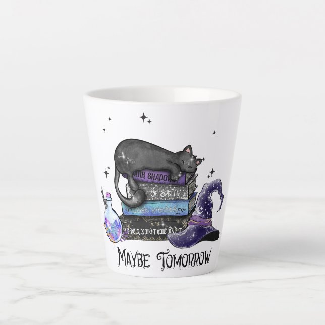 Caneca De Café Latte Gato Negro preguiçoso, Gato Halloween | Para o Boo (Frente)