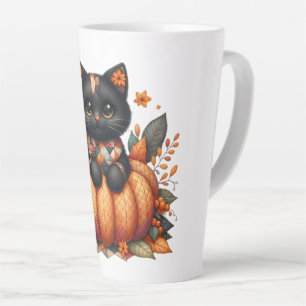 Caneca De Café Latte Gato Preto em Abóbora com Padrão de Colcha de Outo