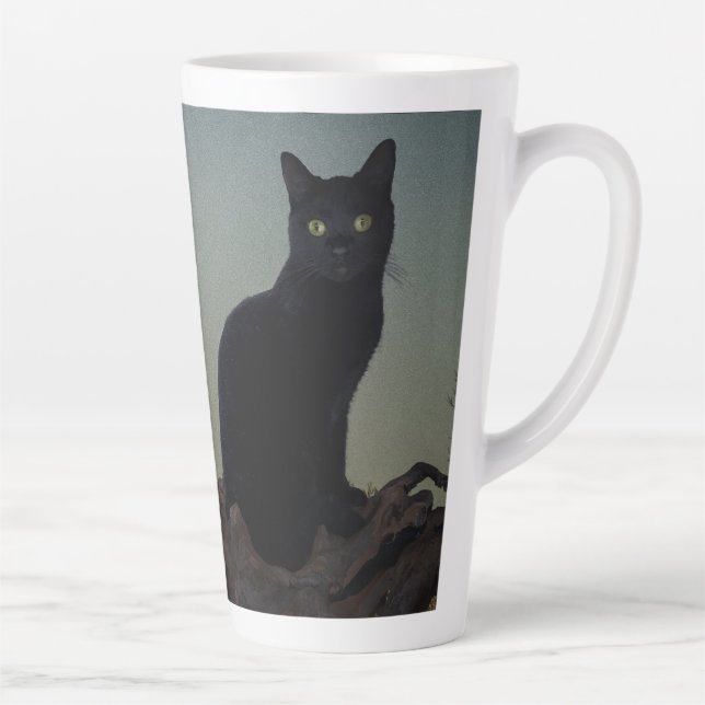 Caneca De Café Latte Gato Preto em Árvore em Frente a Lua Completa (Direita)
