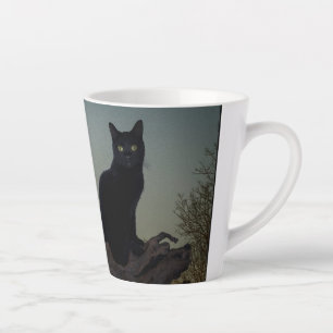 Caneca De Café Latte Gato Preto em Árvore em Frente a Lua Completa