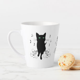 Caneca De Café Latte Gato Preto Rodeado por Notas Musicais Sussurrantes