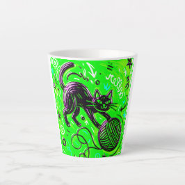 Caneca De Café Latte Gato Preto Verde Neon