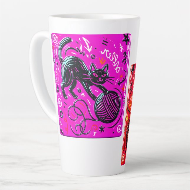 Caneca De Café Latte Gato Rosa de Dois Lados (Ângulo esquerdo)