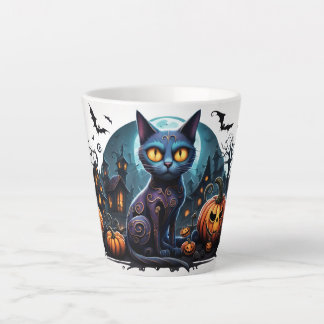 Caneca De Café Latte gato sanduíche ao fundo com abóboras e morcegos