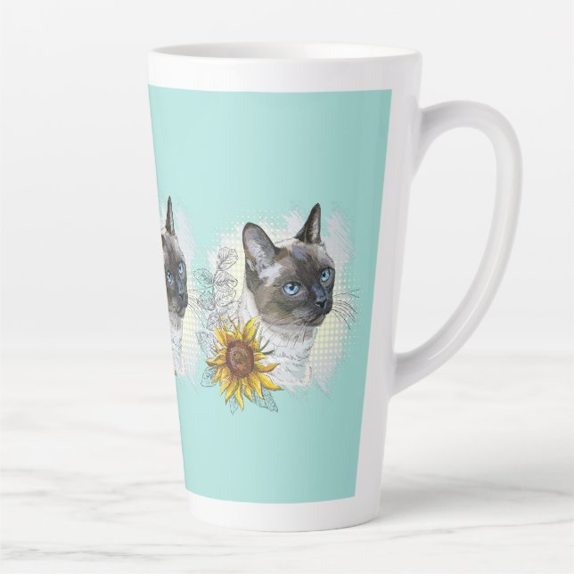 Caneca De Café Latte Gato tailandês engraçado desenhando mão com flores (Direita)