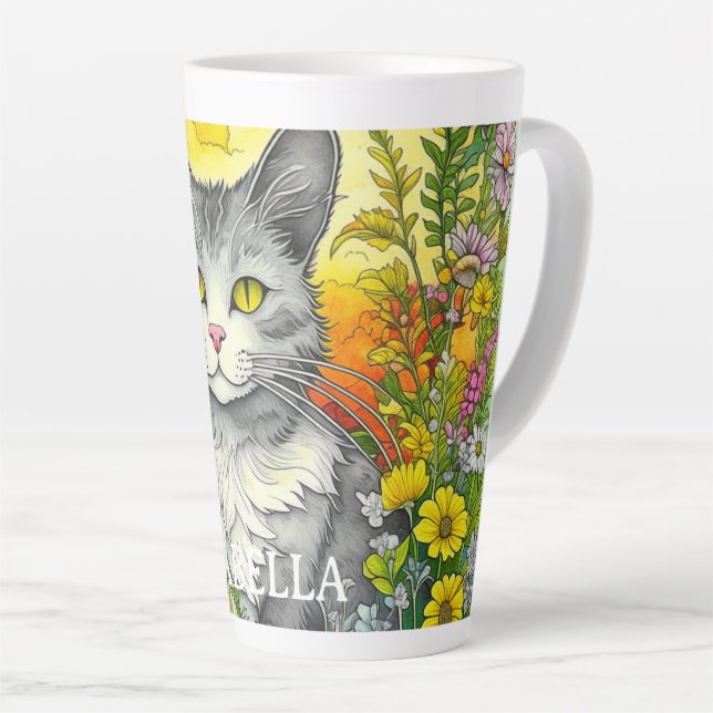 Caneca De Café Latte Gato Whimsical Personalizado e Flores (Ângulo direito)