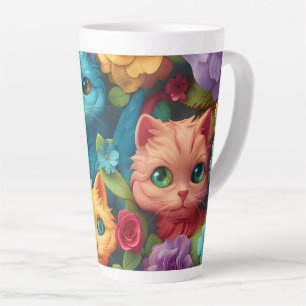 Caneca De Café Latte Gatos coloridos e flores design bonitinhos