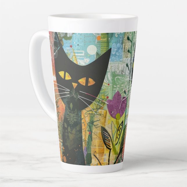 Caneca De Café Latte Gatos De Boho Watercolor - Arte Felina Terrestre ( (Ângulo esquerdo)
