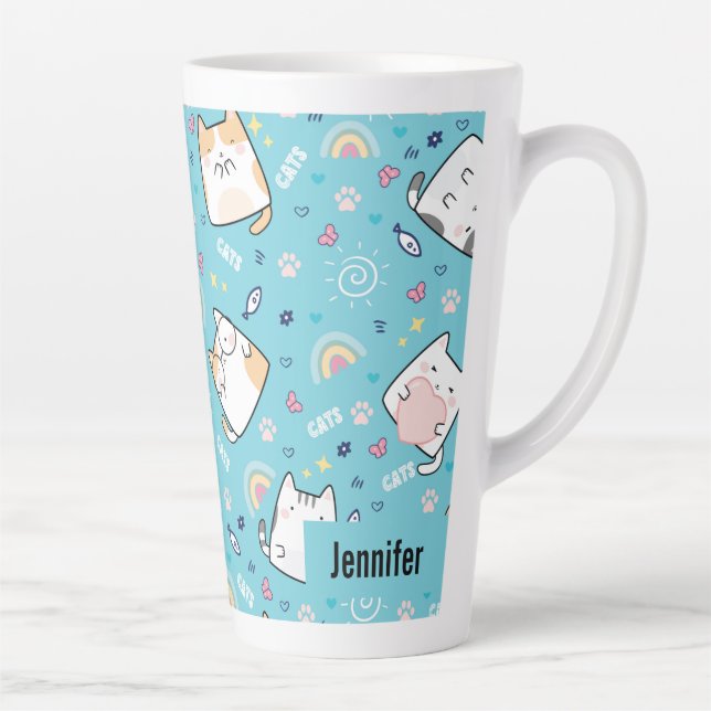 Caneca De Café Latte Gatos de Gatinho Bonito Padrão Whimsical (Direita)