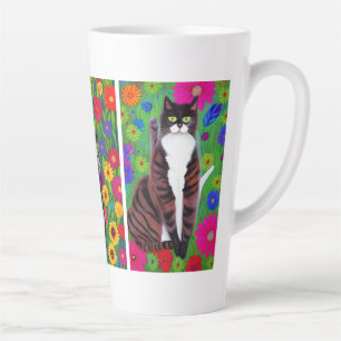 Caneca De Café Latte Gatos e Flores Coloridos de Arte Folclórica arte