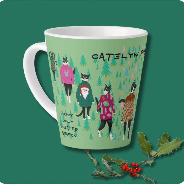 Caneca De Café Latte Gatos Engraçados no Verdugo de Natal (Tuxedo cats model ugly Christmas sweaters on the cat walk on this funny personalized cat lover mug)
