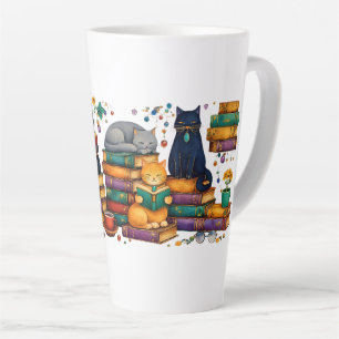 Caneca De Café Latte Gatos Lendo Livros Cena Aconchegante de Biblioteca