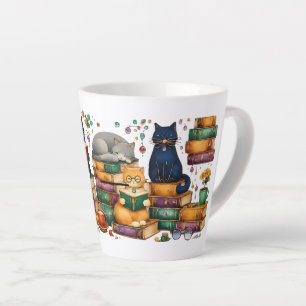 Caneca De Café Latte Gatos Lendo Livros Cena Aconchegante de Biblioteca