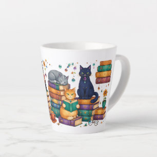 Caneca De Café Latte Gatos Lendo Livros Cena Aconchegante de Biblioteca