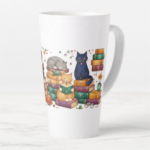 Caneca De Café Latte Gatos Lendo Livros Cena Aconchegante de Biblioteca
