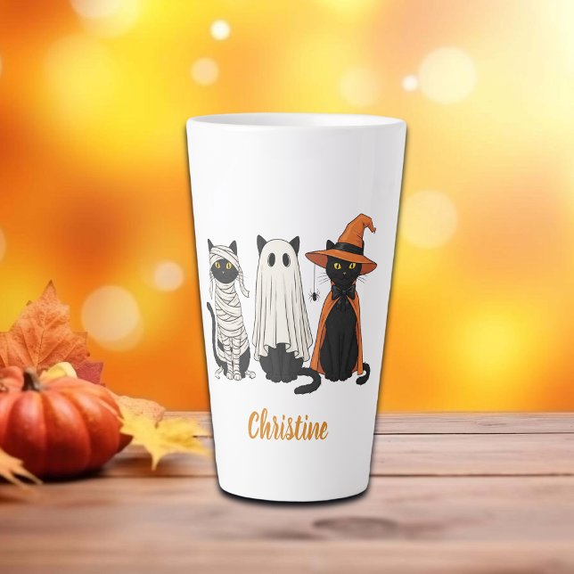 Caneca De Café Latte Gatos Negros Fantasma Halloween (Criador carregado)