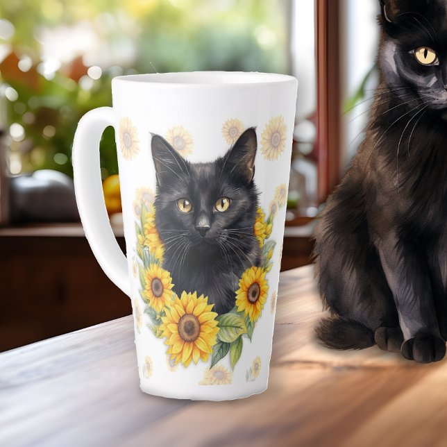 Caneca De Café Latte Gatos Pretos Girassóis Dizendo (Criador carregado)