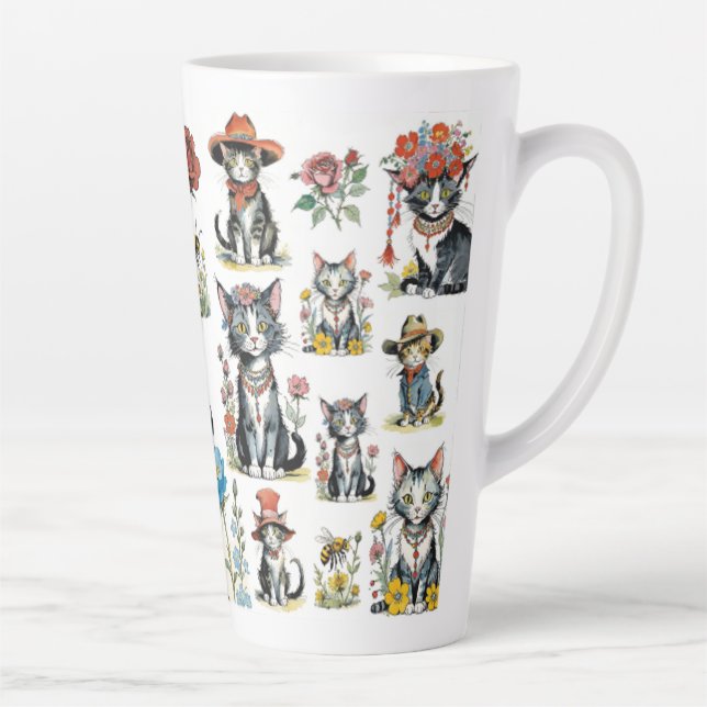 Caneca De Café Latte Gatos Whimsical com Chapéus e Flores (Direita)