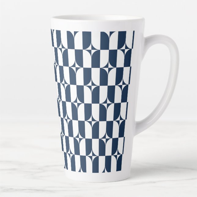 Caneca De Café Latte Geométrico Moderno do Século Médio Azul e Branco (Direita)