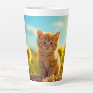 Caneca De Café Latte Ginger Kitten Adorável no Campo dos Girassóis