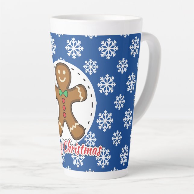 Caneca De Café Latte Gingerbread - Blue Snowflakes Pattern - Merry Xmas (Ângulo direito)