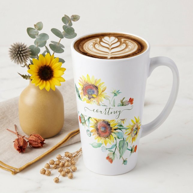 Caneca De Café Latte Girassóis aquarela personalizados    (Criador carregado)