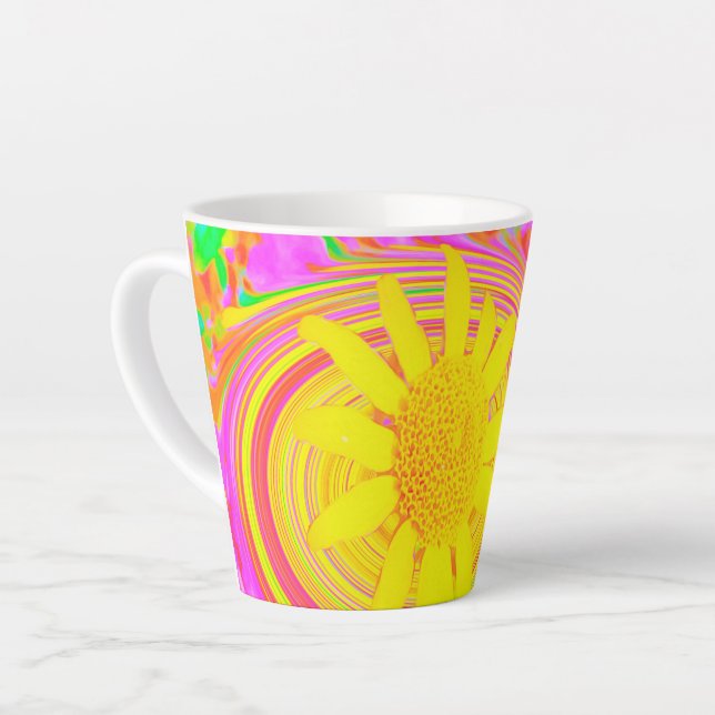 Caneca De Café Latte Girassol Amarelo em espiral psicodélica (Ângulo esquerdo)