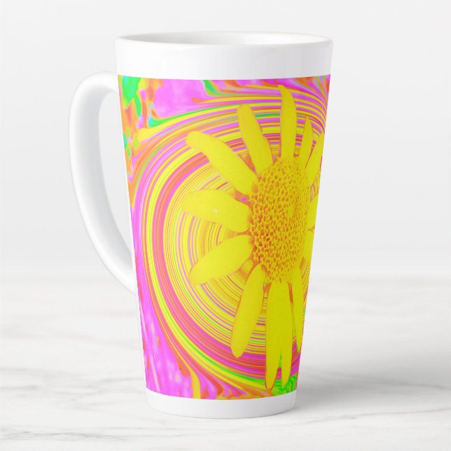 Caneca De Café Latte Girassol Amarelo em espiral psicodélica (Ângulo esquerdo)