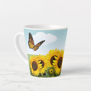 Caneca De Café Latte Girassol Céu Azul e Borboleta Personalizado