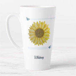 Caneca De Café Latte Girassol e Borboleta Azul Escritura Latte