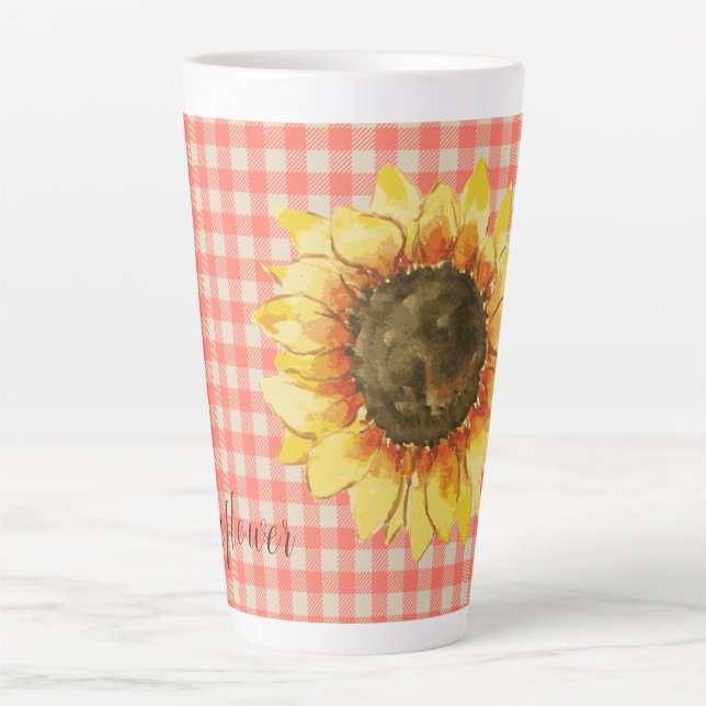 Caneca De Café Latte Girassol em Gingham Latte Mug (Frente)