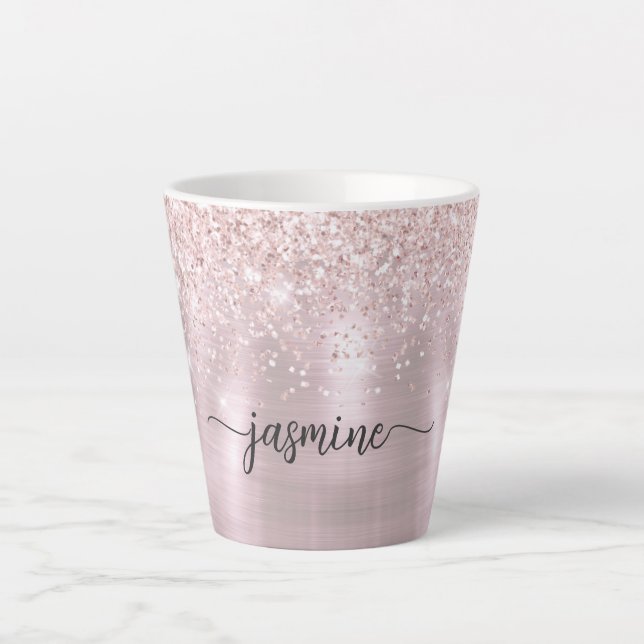 Caneca De Café Latte Girly Blush Rosa Dourado Brilho Metal Monograma (Frente)