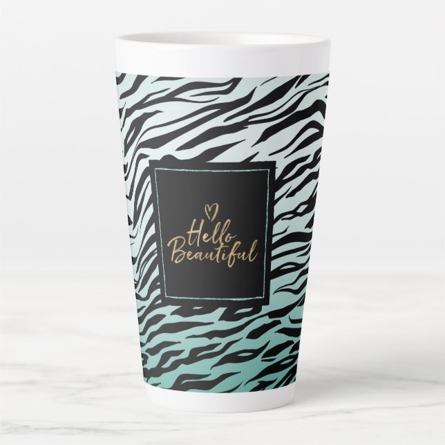 Caneca De Café Latte Girly Mint Black Zebra Print Ombre Olá Bela (Frente)