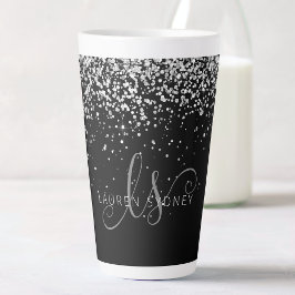 Caneca De Café Latte Glam Black Silver Glitter Glam Monograma Nome