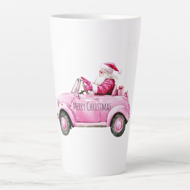 Caneca De Café Latte Glam Santa Pink Car Christmas (Frente)
