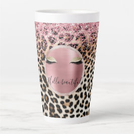 Caneca De Café Latte Glitzy Cor de rosa Leve Dourada Eyelashes Leopardo